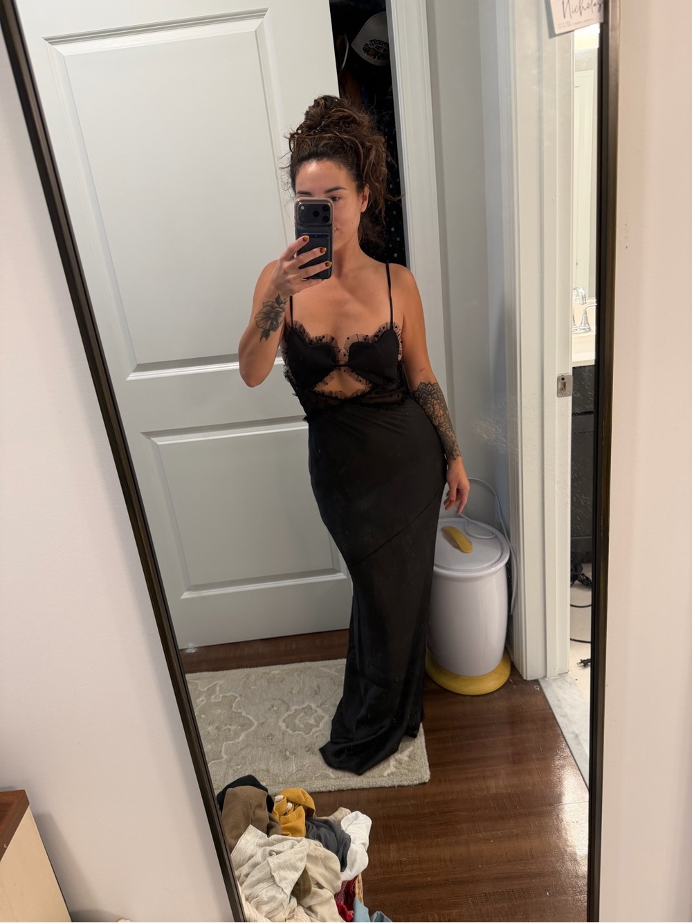 For Love and Lemons Black Lace-Trim Maxi Slip Dress
